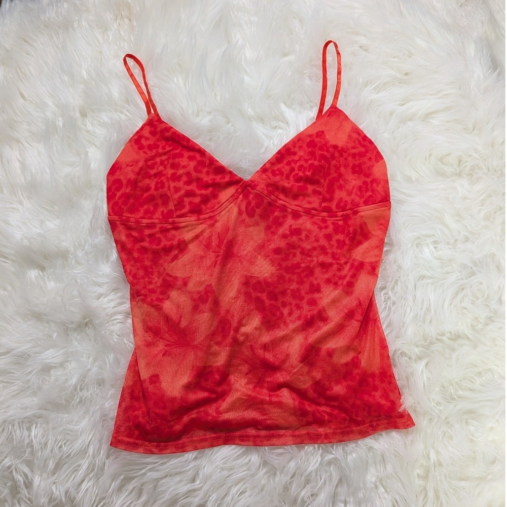 Y2K / 2000s Mesh Ruby & Jewell Red Orange Animal Print V-Neck‎ Cami Size XL